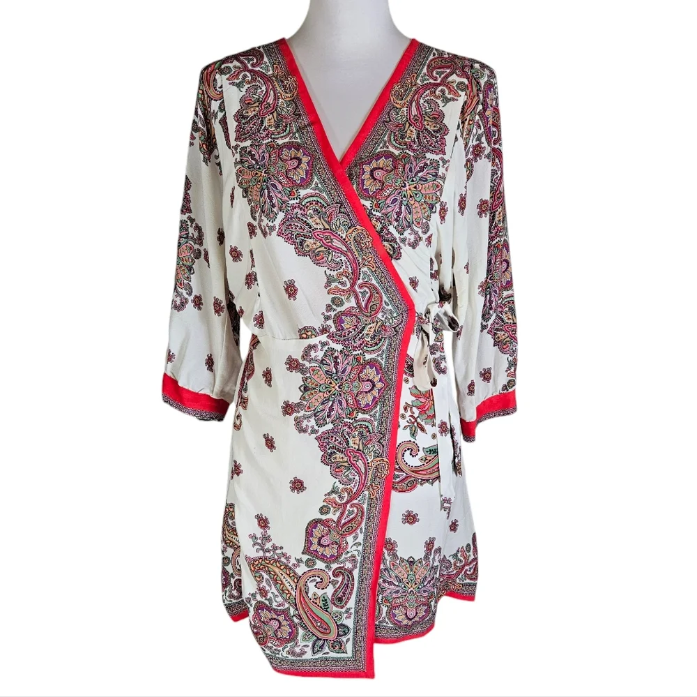 Zara Pink Paisley Floral Print Wrap Mini Dress Sz M Tie Waist Feminine Flirty - Picture 3 of 16